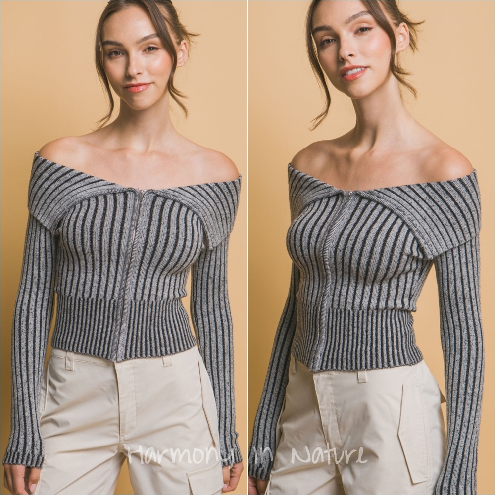 Zip-Me-Up Bardot Ribbed Top - Gray